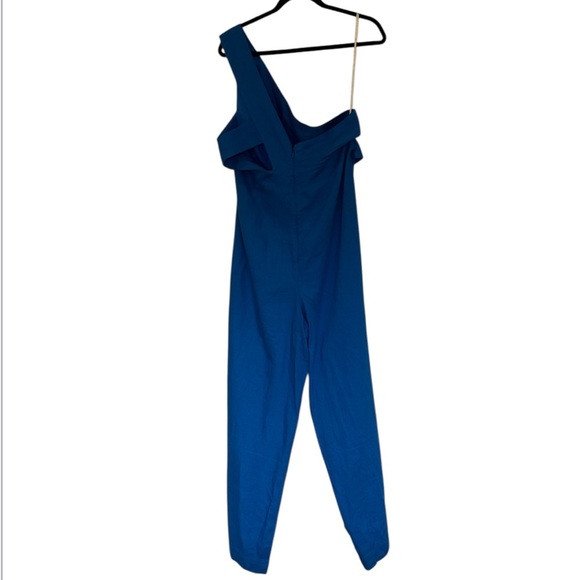 FARM Rio Blue Asymmetrical One Shoulder Linen Blend Jumpsuit Size L - Picture 6 of 16